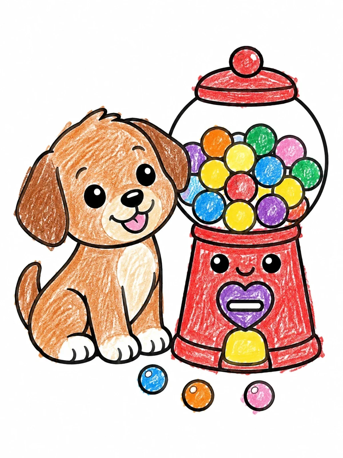 Colored example of the Cute Puppy And Smiling Gumball Machine coloring page