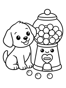 Free printable Cute Puppy And Smiling Gumball Machine coloring page