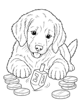 A playful puppy watches a spinning top on this dreidel hanukkah coloring page with chocolate coins.
