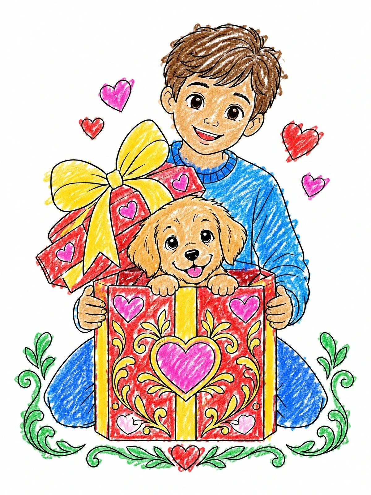 Colored example of the Puppy Surprise In A Valentine Gift Box coloring page