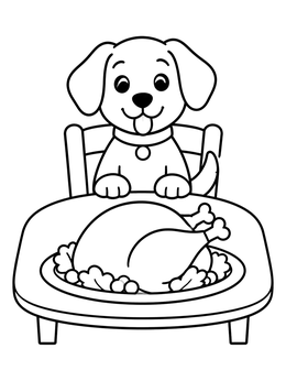 Free printable Cute Puppy At Thanksgiving Dinner Table coloring page