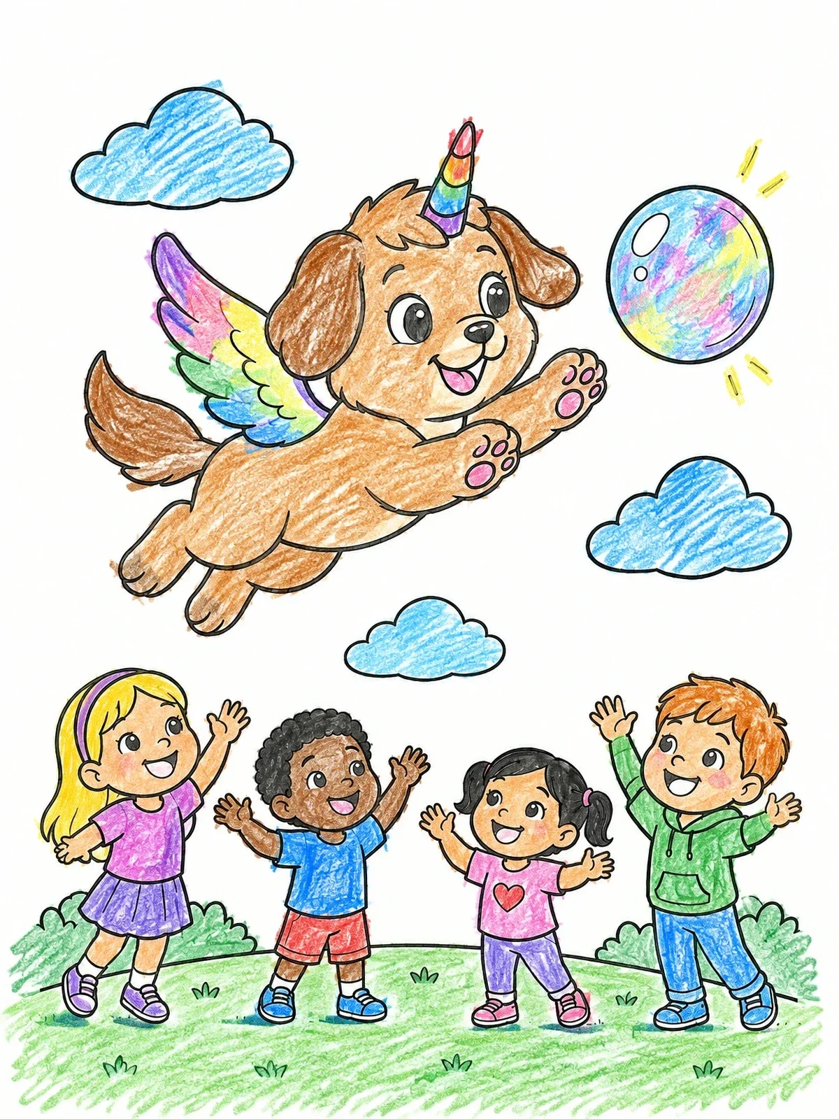 Colored example of the Puppy Unicorn Flying Above Happy Children coloring page