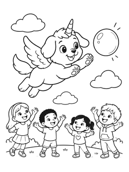 Free printable Puppy Unicorn Flying Above Happy Children coloring page