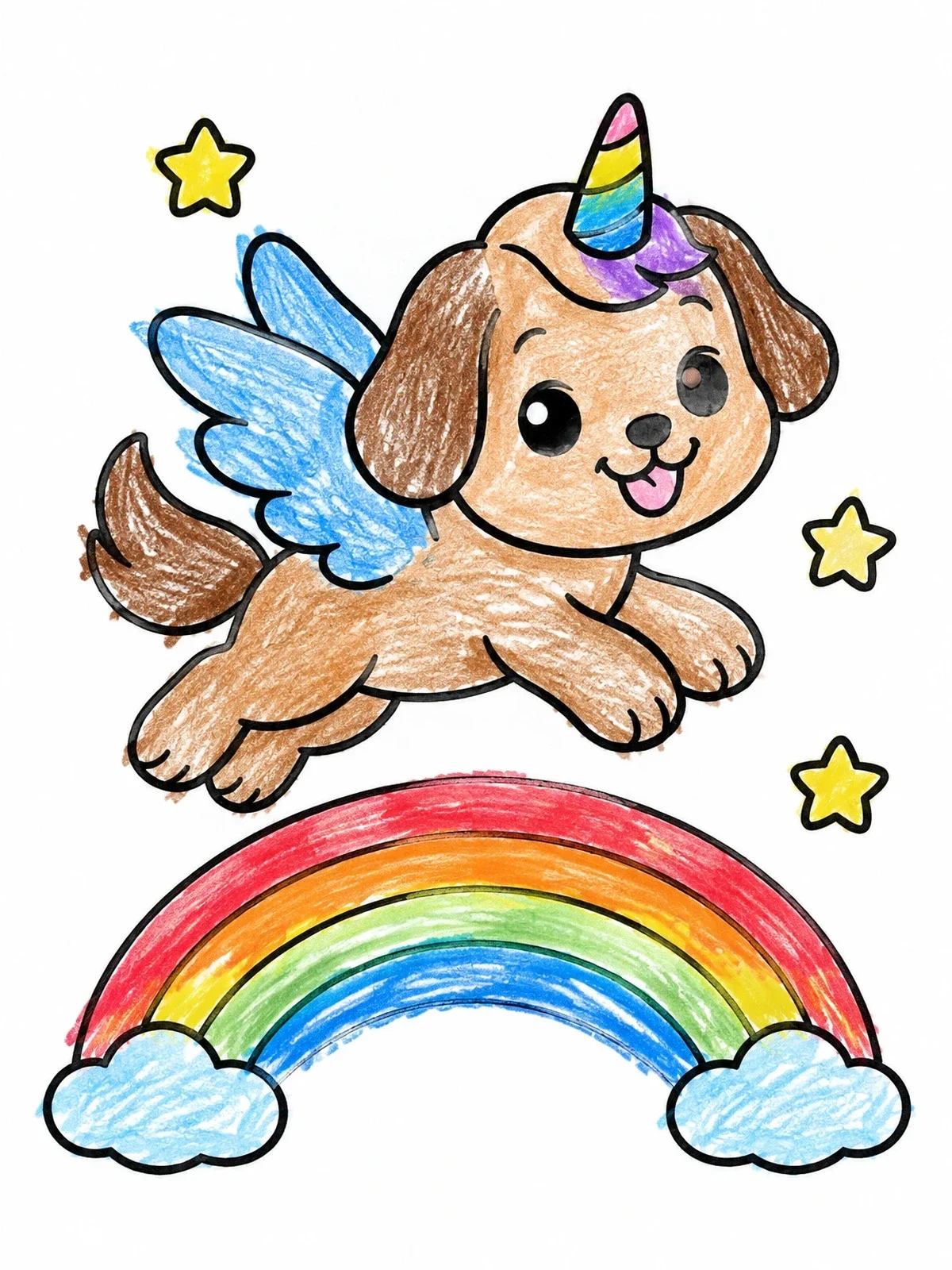 Colored example of the Winged Puppy Unicorn Above Rainbow coloring page