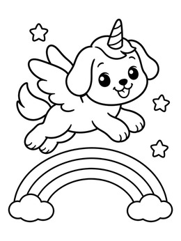 Free printable Winged Puppy Unicorn Above Rainbow coloring page