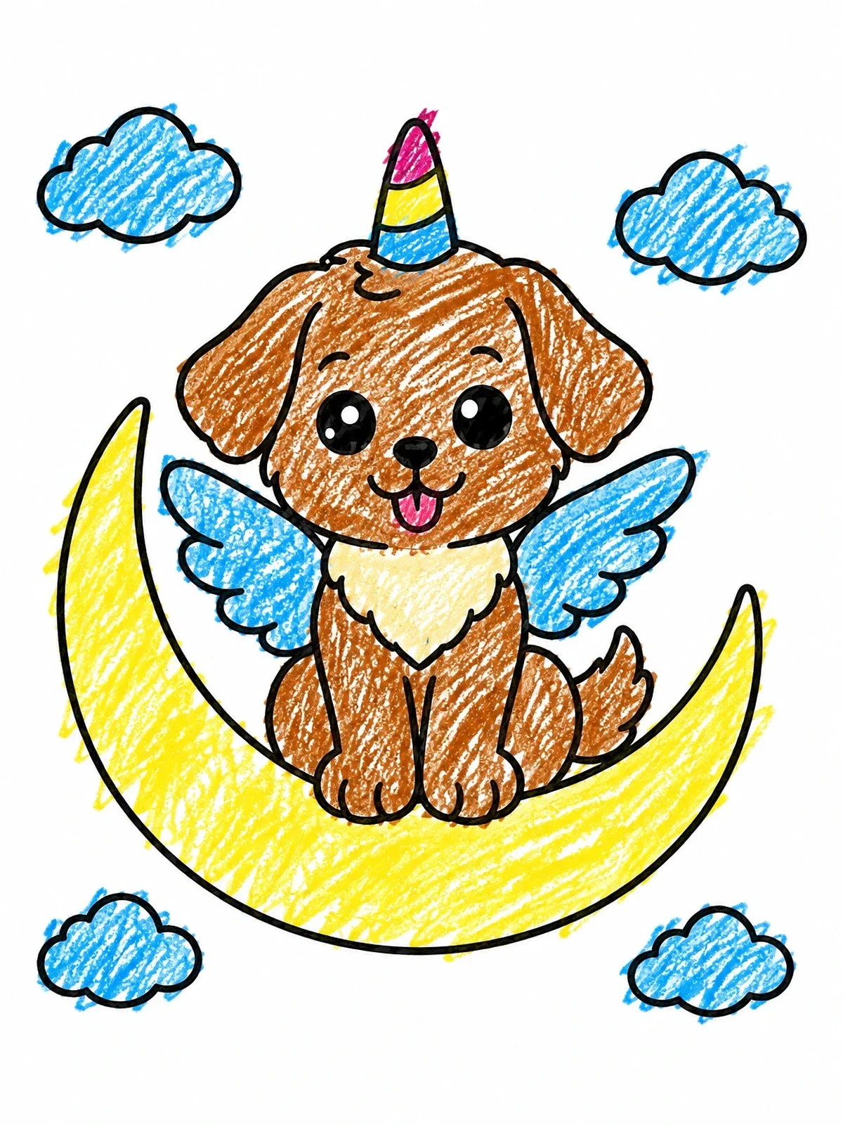 Colored example of the Winged Puppy Unicorn On Crescent Moon coloring page