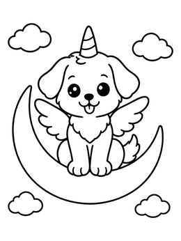 Free printable Winged Puppy Unicorn On Crescent Moon coloring page