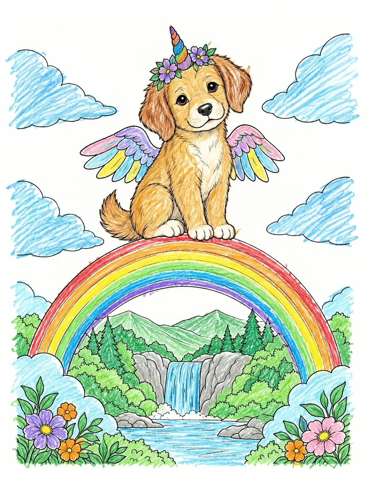 Colored example of the Puppy Unicorn Resting On Rainbow coloring page