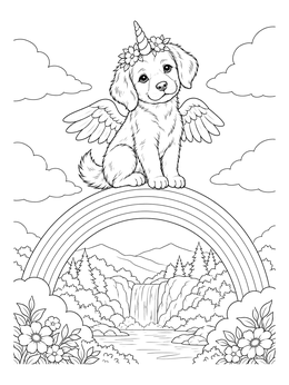 A puppy unicorn coloring page showing a winged pup sitting atop a rainbow over a waterfall.
