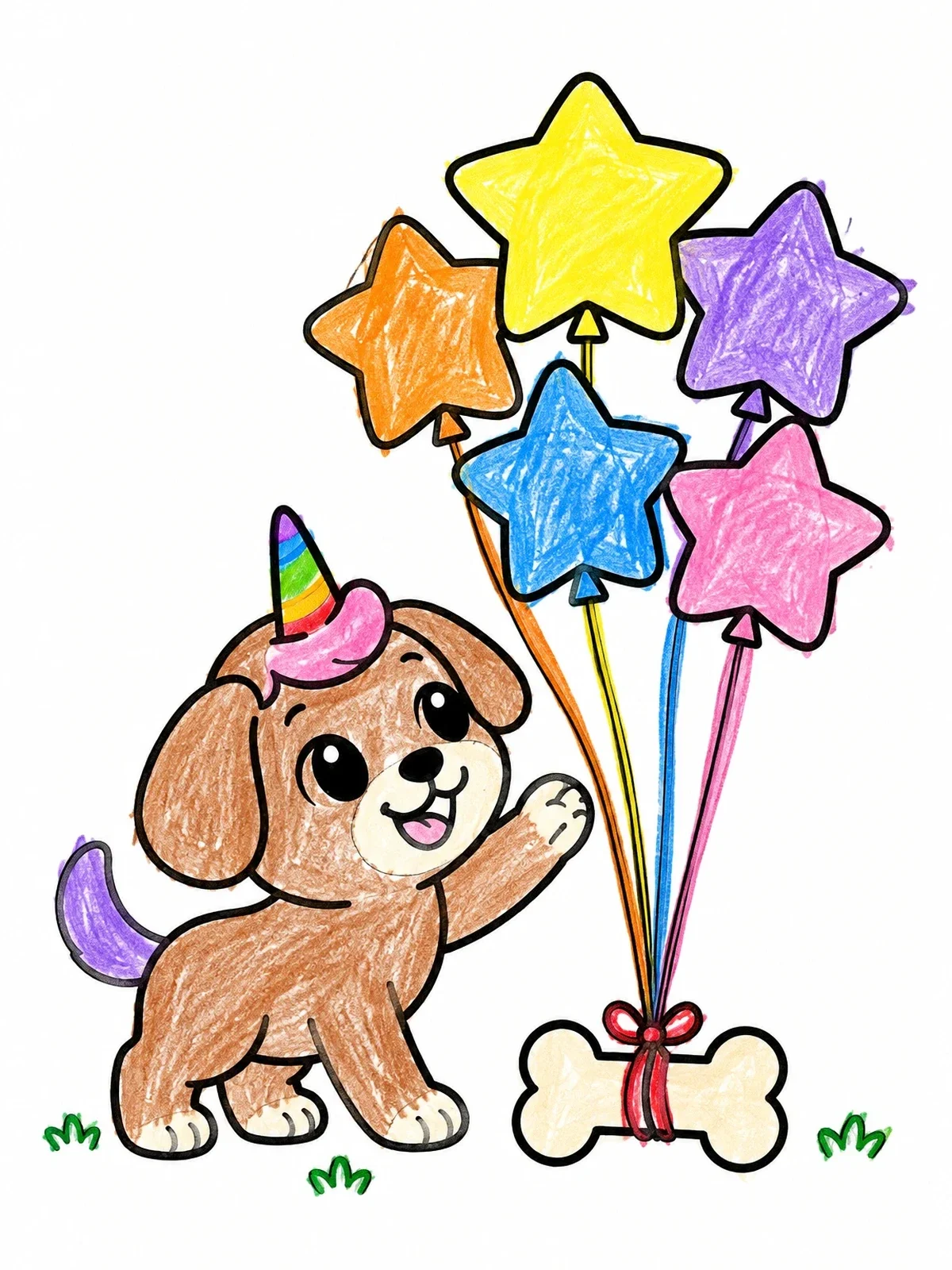 Colored example of the Puppy Unicorn Playing With Star Balloons coloring page