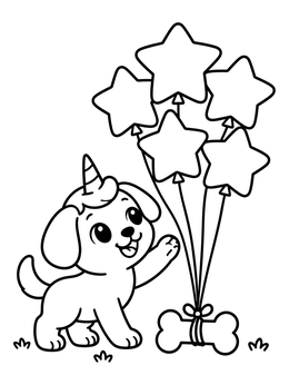 A cute puppy unicorn coloring page showing a playful dog with a horn reaching for star balloons tied to a bone.