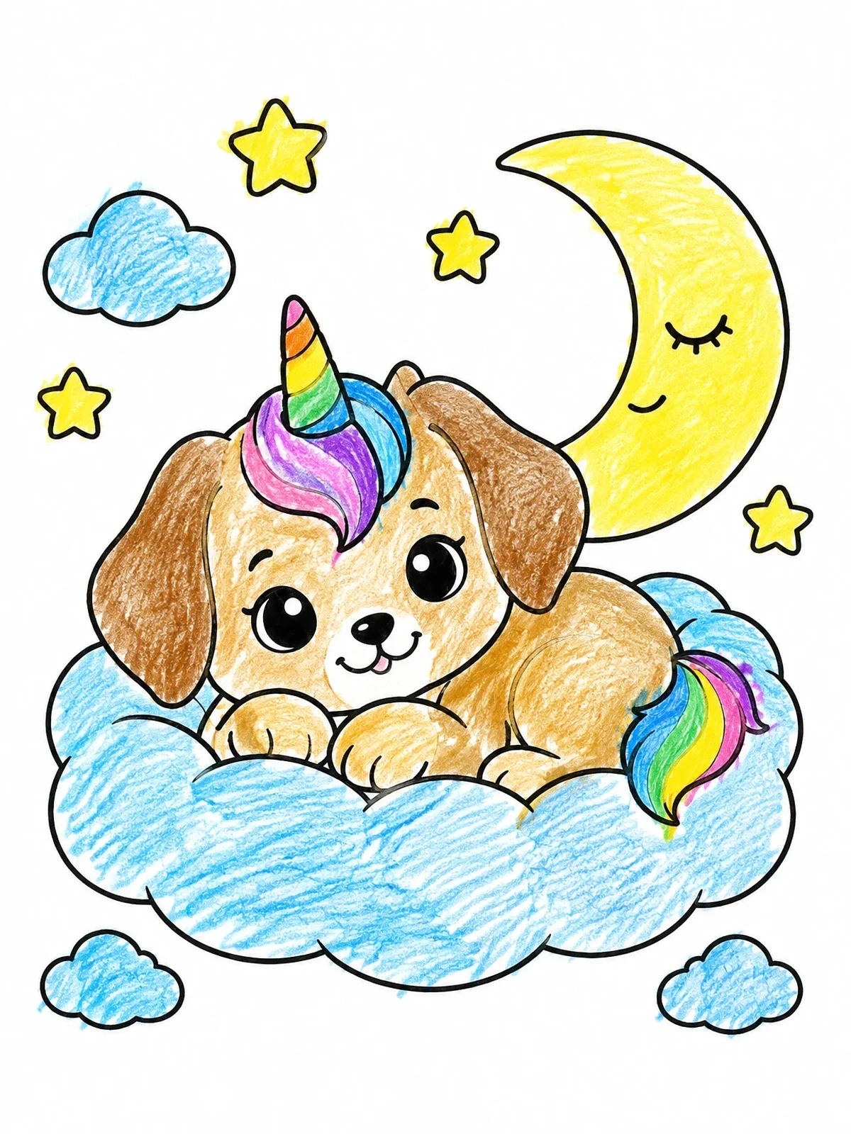 Colored example of the Puppy Unicorn Resting On A Cloud coloring page