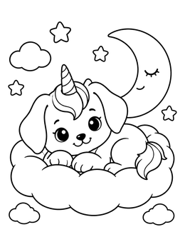 Free printable Puppy Unicorn Resting On A Cloud coloring page