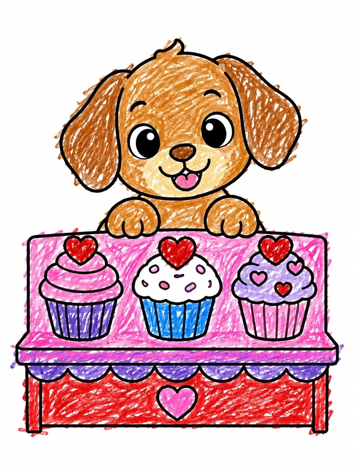 Colored example of the Cute Puppy With Valentine Cupcakes coloring page