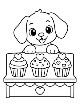Free printable Cute Puppy With Valentine Cupcakes coloring page