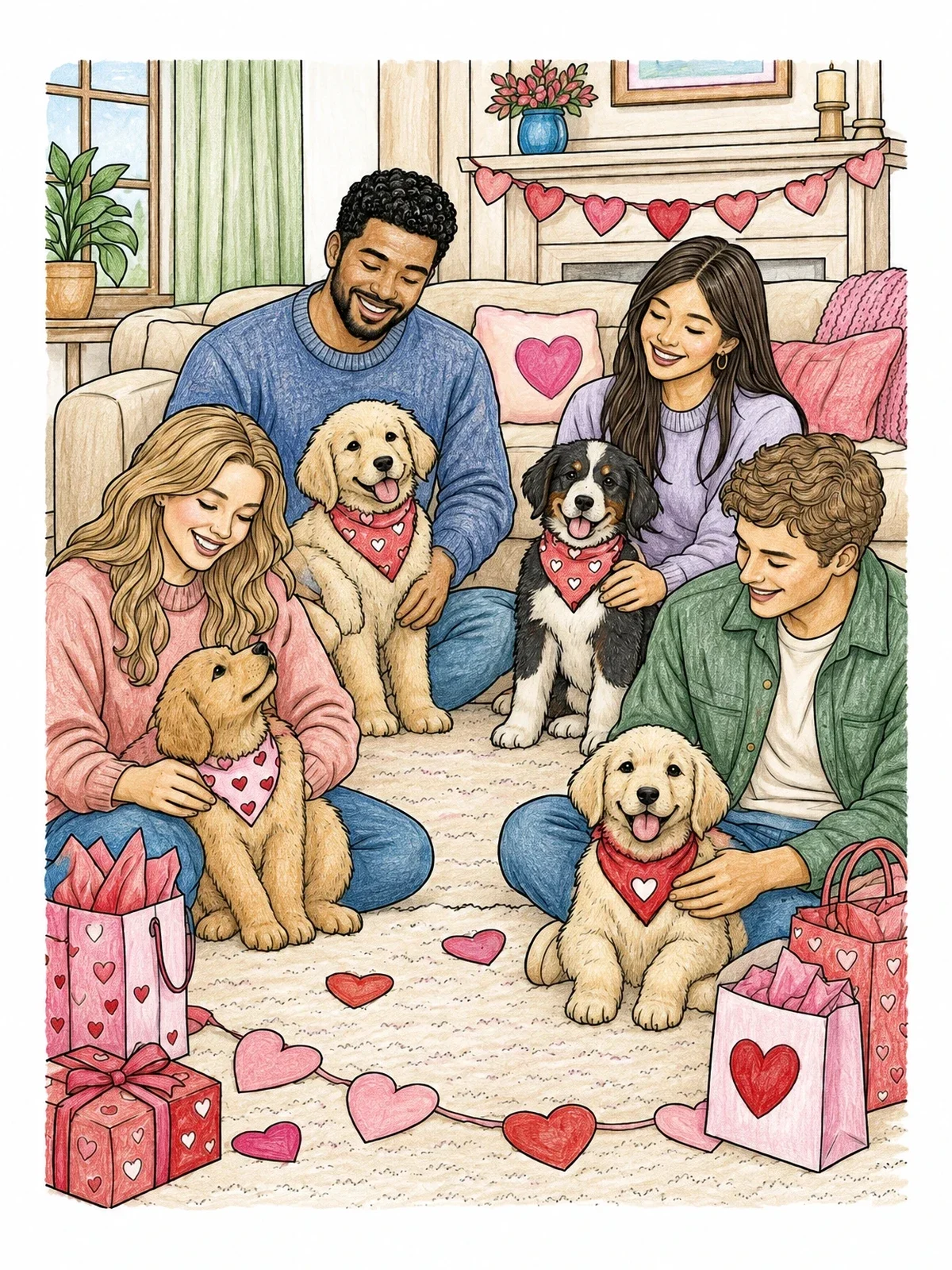 Colored example of the Family Valentine's Day With Puppies coloring page
