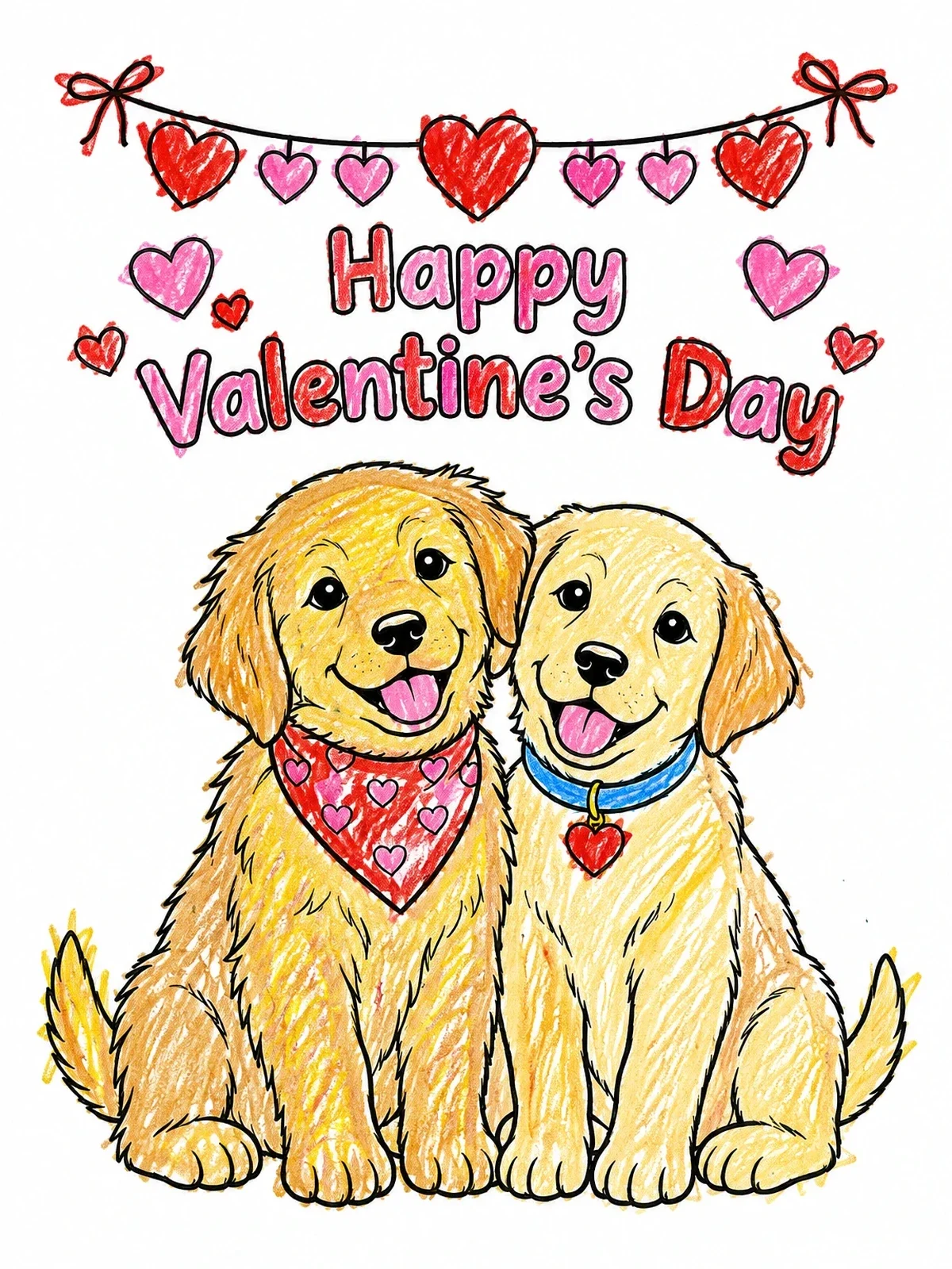 Colored example of the Puppies With Happy Valentine's Day Garland coloring page