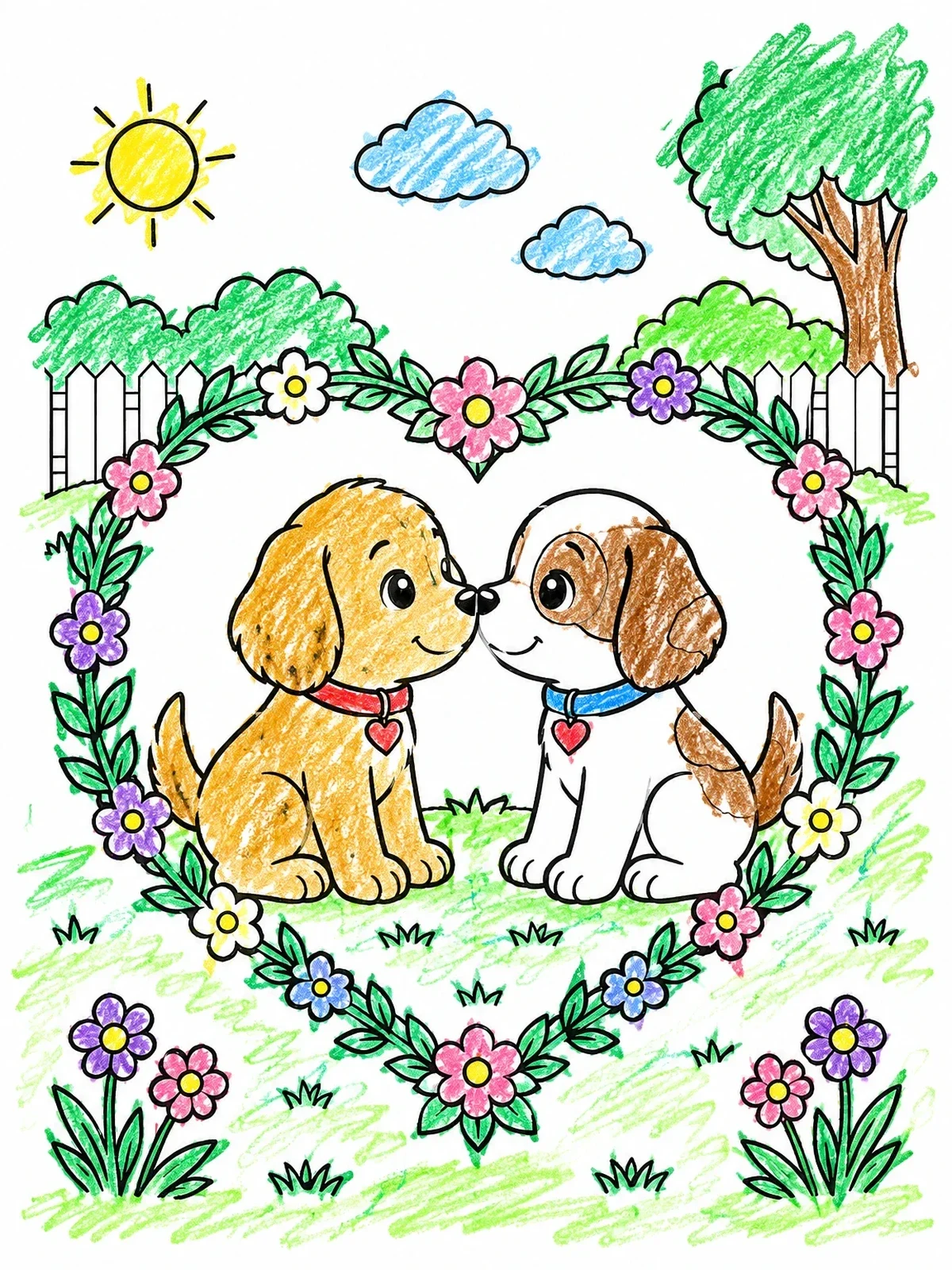 Colored example of the Puppies Nuzzling Inside Floral Heart coloring page