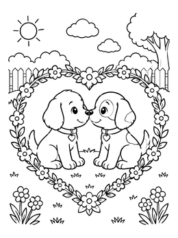 Free printable Puppies Nuzzling Inside Floral Heart coloring page