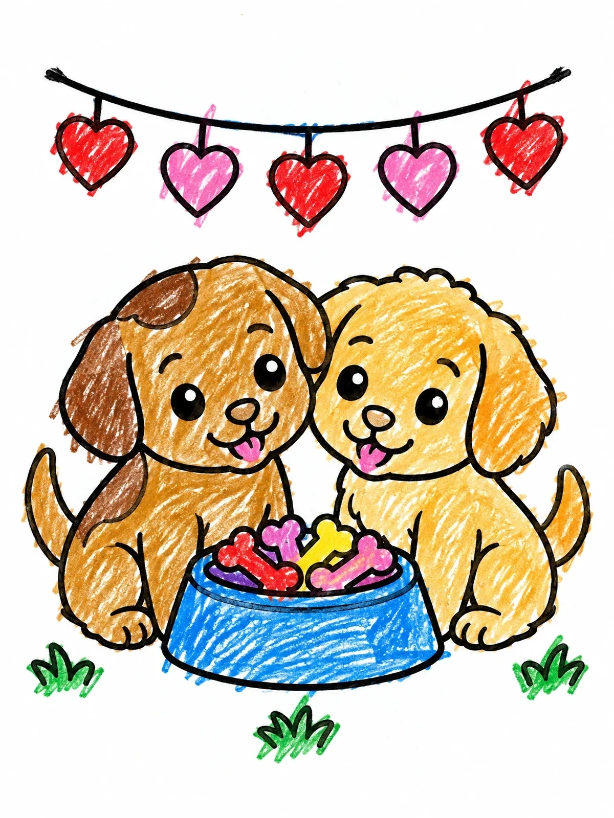 Colored example of the Puppies Sharing Valentine Bone Treats coloring page