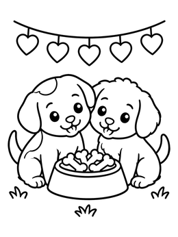 Free printable Puppies Sharing Valentine Bone Treats coloring page