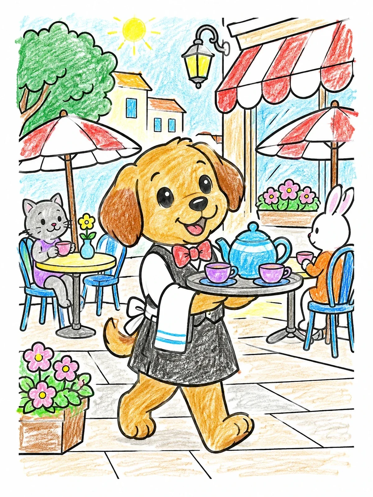 Colored example of the Puppy Waiter At Sidewalk Cafe coloring page