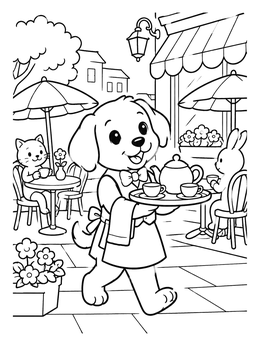 Free printable Puppy Waiter At Sidewalk Cafe coloring page