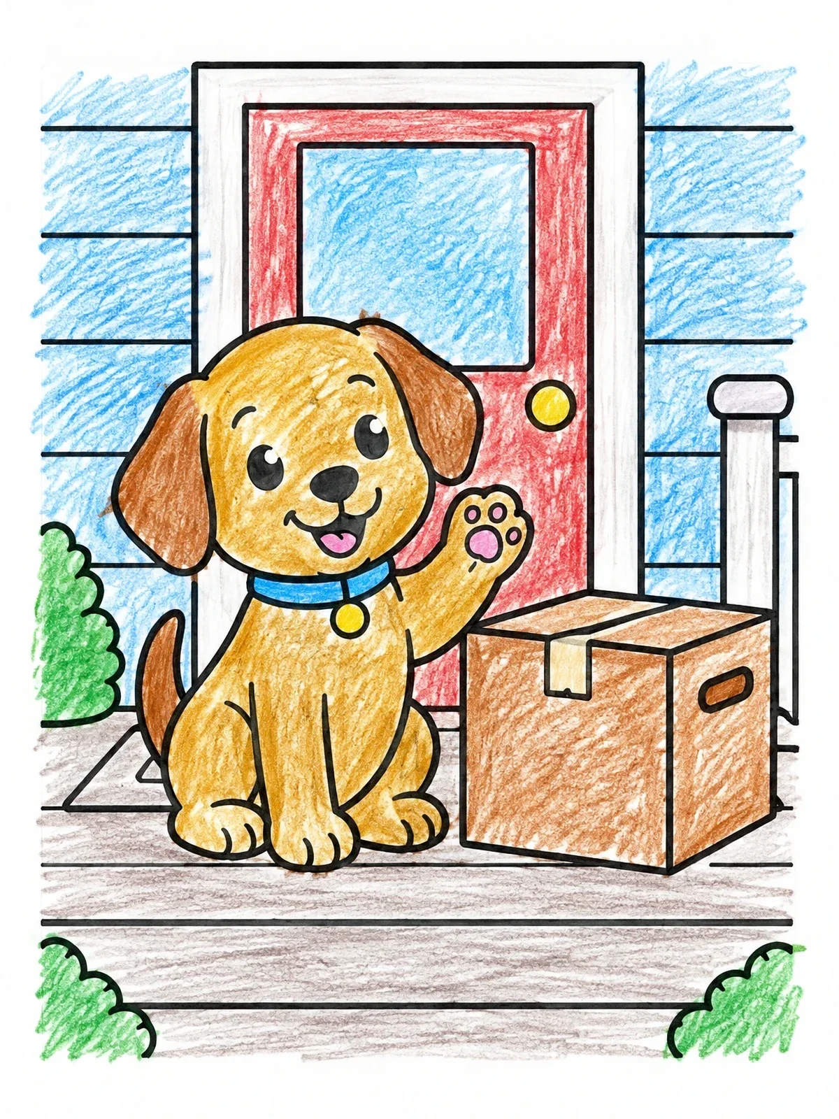 Colored example of the Puppy Waving Farewell On Porch coloring page