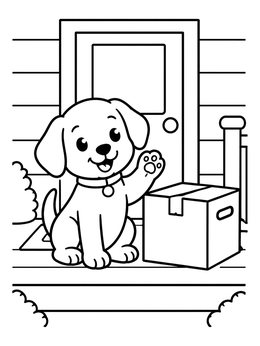 A farewell goodbye coloring page featuring a cute puppy waving beside a moving box.