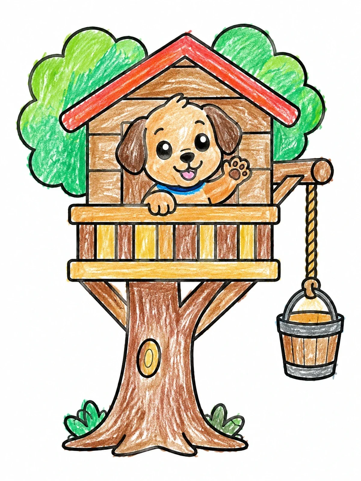 Colored example of the Playful Puppy In Wooden Treehouse coloring page
