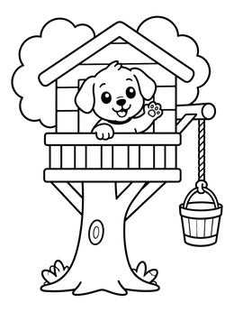 Free printable Playful Puppy In Wooden Treehouse coloring page