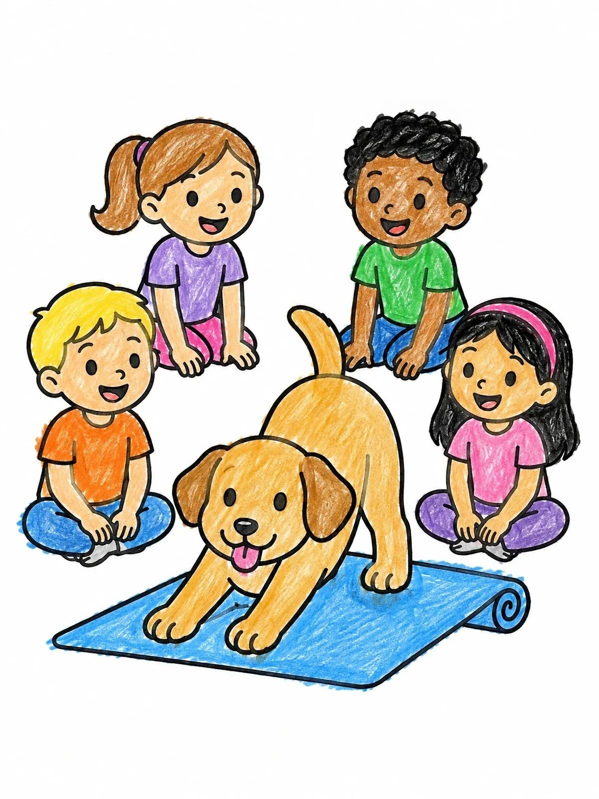 Colored example of the Playful Puppy Yoga With Kids coloring page