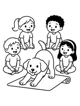 Four smiling kids watch a puppy do downward dog on a mat in this yoga coloring page.