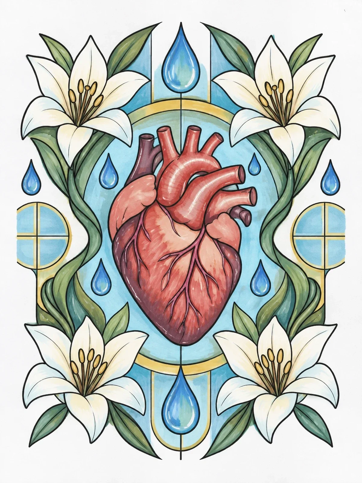 Colored example of the Pure In Heart Lilies And Drops coloring page