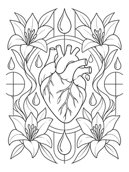 Anatomical heart surrounded by lilies and water drops on this beatitudes coloring page.
