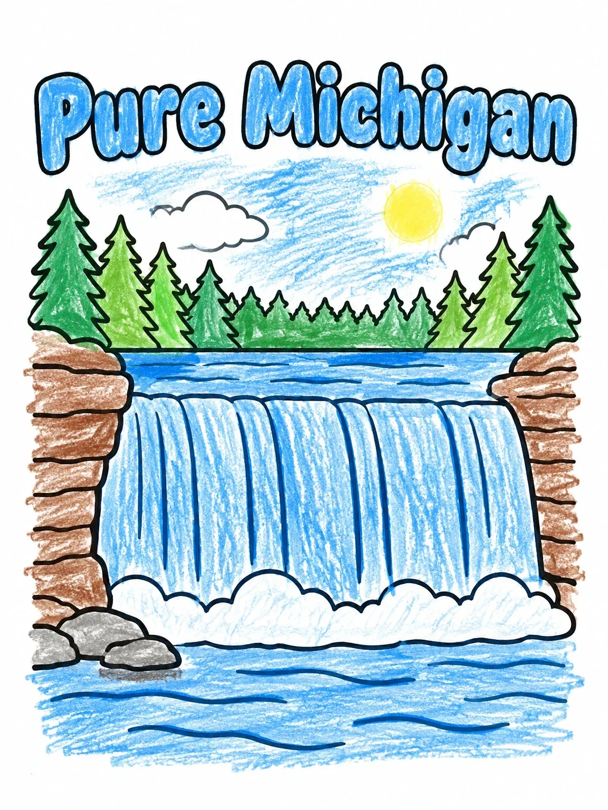 Colored example of the Pure Michigan Forest Waterfall coloring page