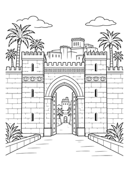 An ancient fortress gate in this Purim coloring page showing the grand palace walls of Shushan.