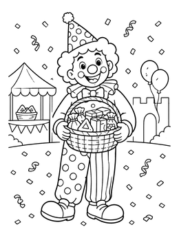 A cheerful purim coloring page featuring a clown holding a holiday gift basket full of treats.