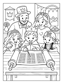A family in festive costumes gathers around a scroll in this purim coloring page.