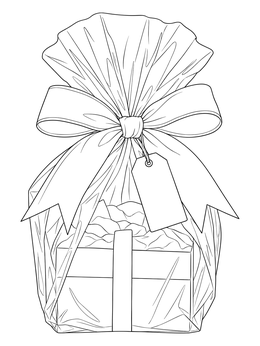 A purim coloring page featuring a cellophane-wrapped gift package with a large bow and blank tag.