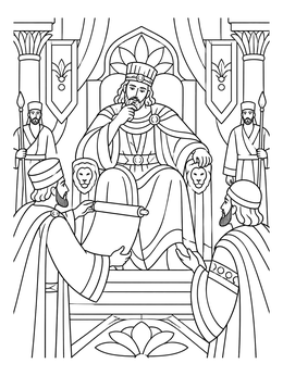 King Ahasuerus on his throne listening to palace advisors in this purim coloring page.