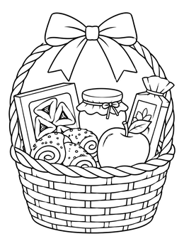 A festive Purim coloring page with a gift basket filled with hamantaschen, treats, and fruit.