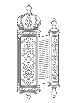 An ornate Megillat Esther scroll and decorative silver case on this purim coloring page.