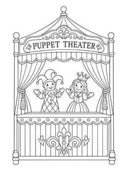 A festive purim coloring page featuring a jester and queen performing in a puppet theater booth.