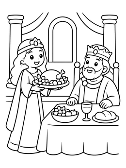 Queen Esther serves a feast to the king in this cheerful purim coloring page.