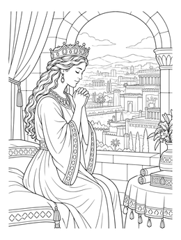 Queen Esther praying by an arched window in this Purim coloring page.