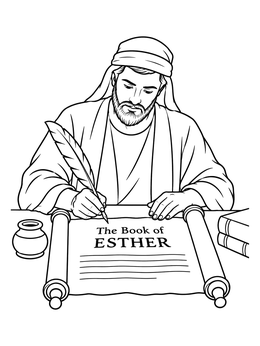 A focused scribe writes on parchment in this purim coloring page.
