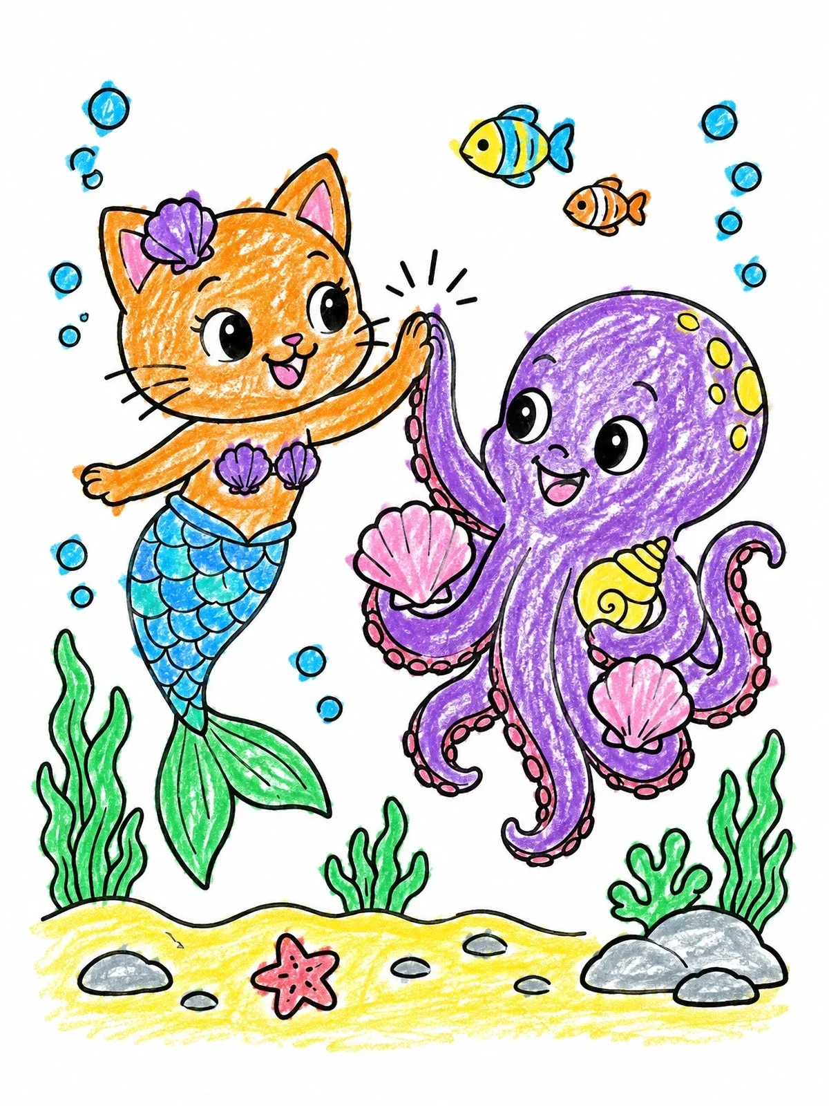 Colored example of the Cheerful Purrmaid And Octopus High Five coloring page