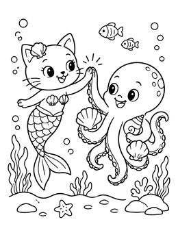 Free printable Cheerful Purrmaid And Octopus High Five coloring page