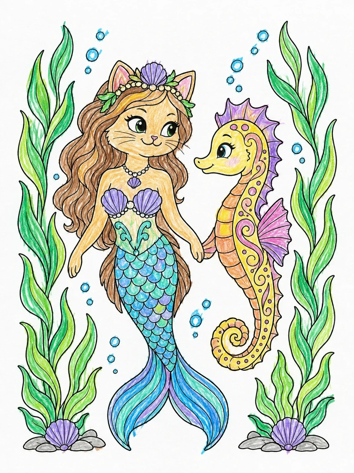 Colored example of the Purrmaid And Seahorse Underwater coloring page